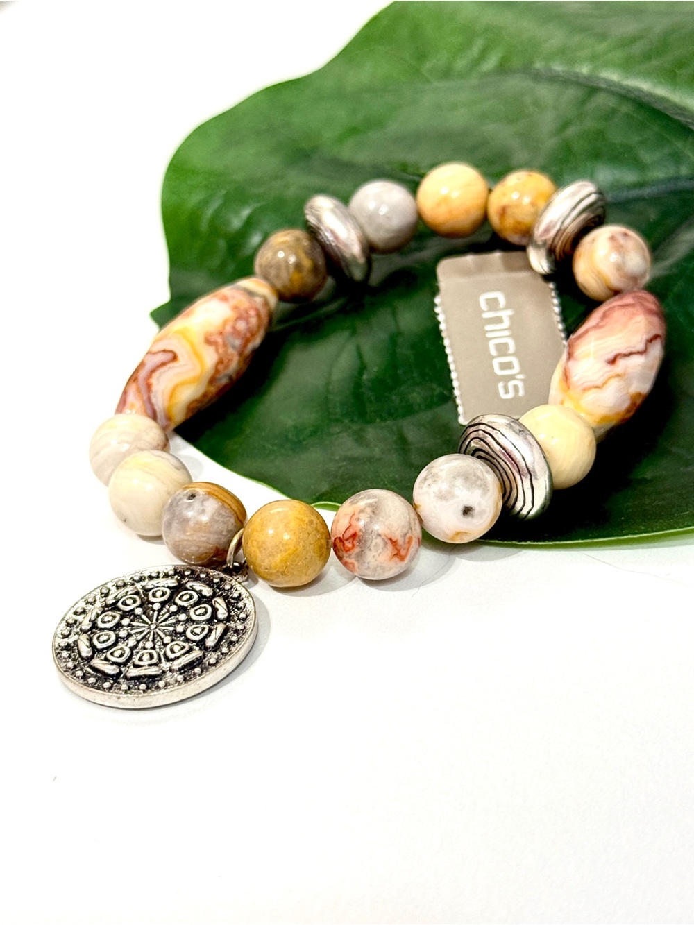 Chico’s Neutral Stone Medallion Stretch Bracelet NWT
